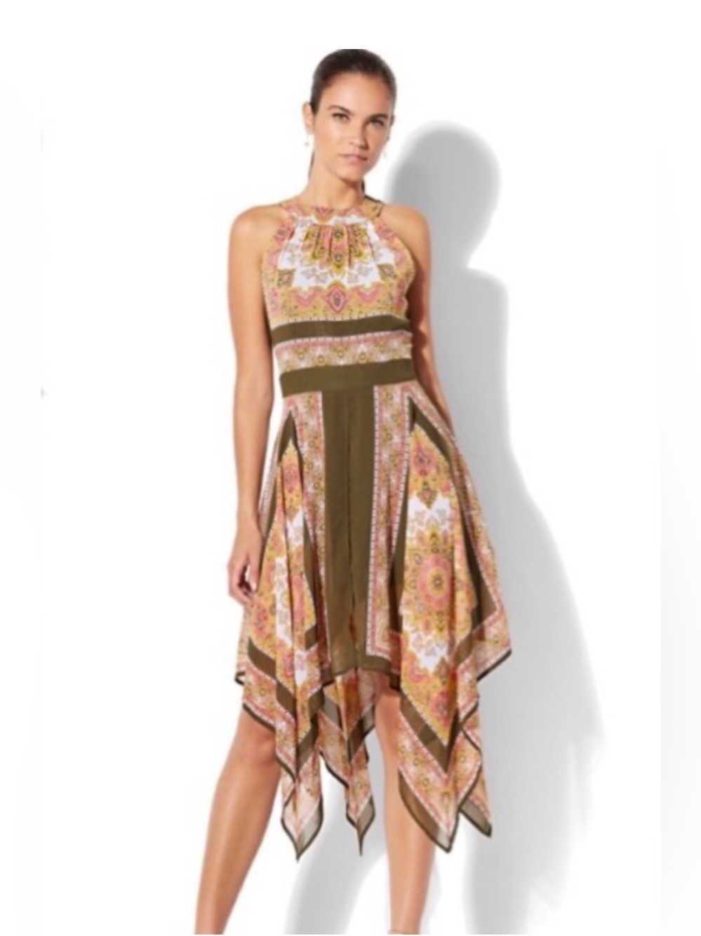New York & Company Olive Pink Printed Halter Dress Us10 Asymmetrical Handkercief